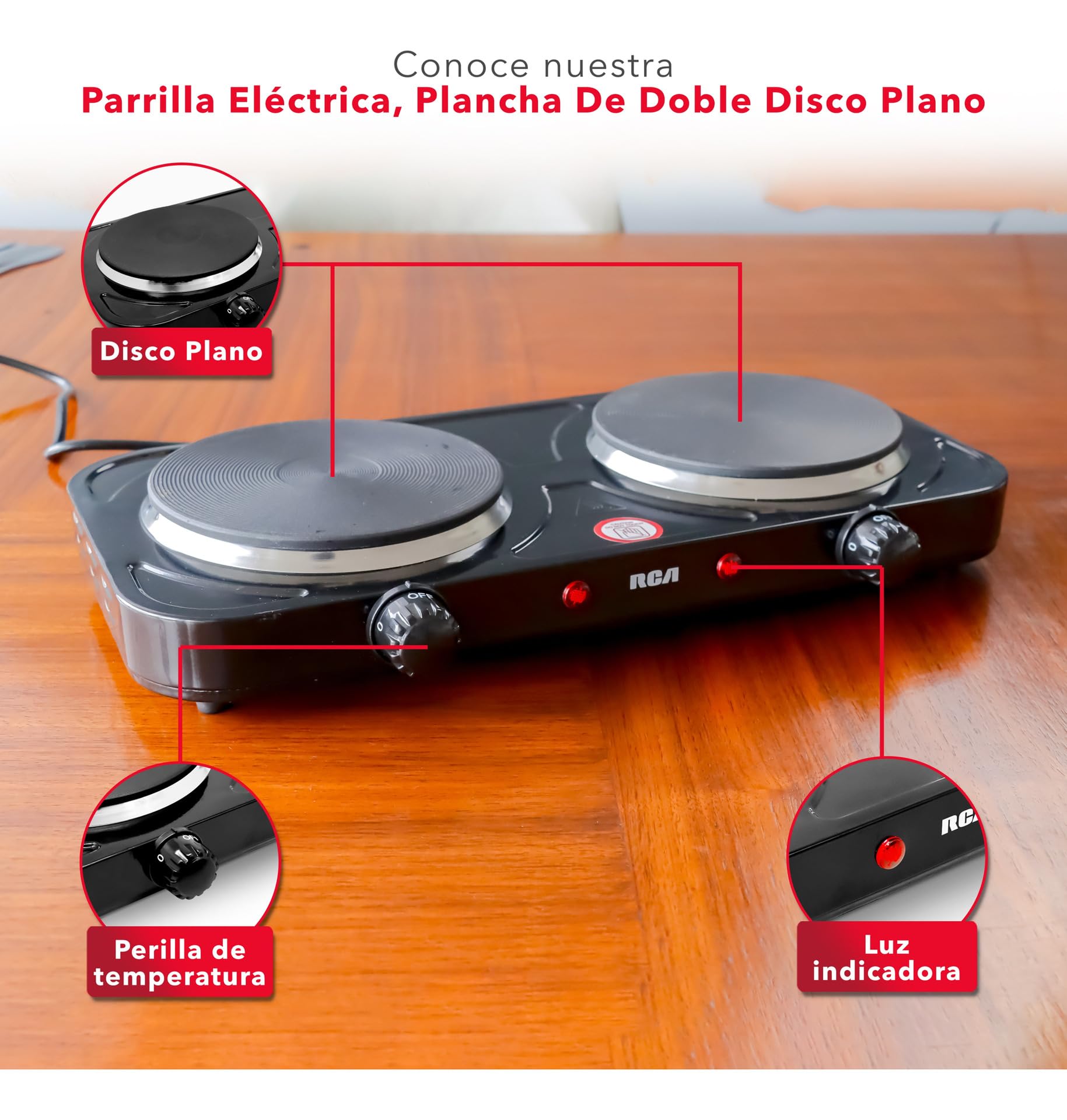 RCA Parrilla Eléctrica RC2000N con Dos Quemadores de 1000W, Acero Inoxidable, Portátil, Alta Resistencia, Calor Uniforme, 5 Niveles de Calor, Antiderrapante y Funcional para Cocina Compacta.