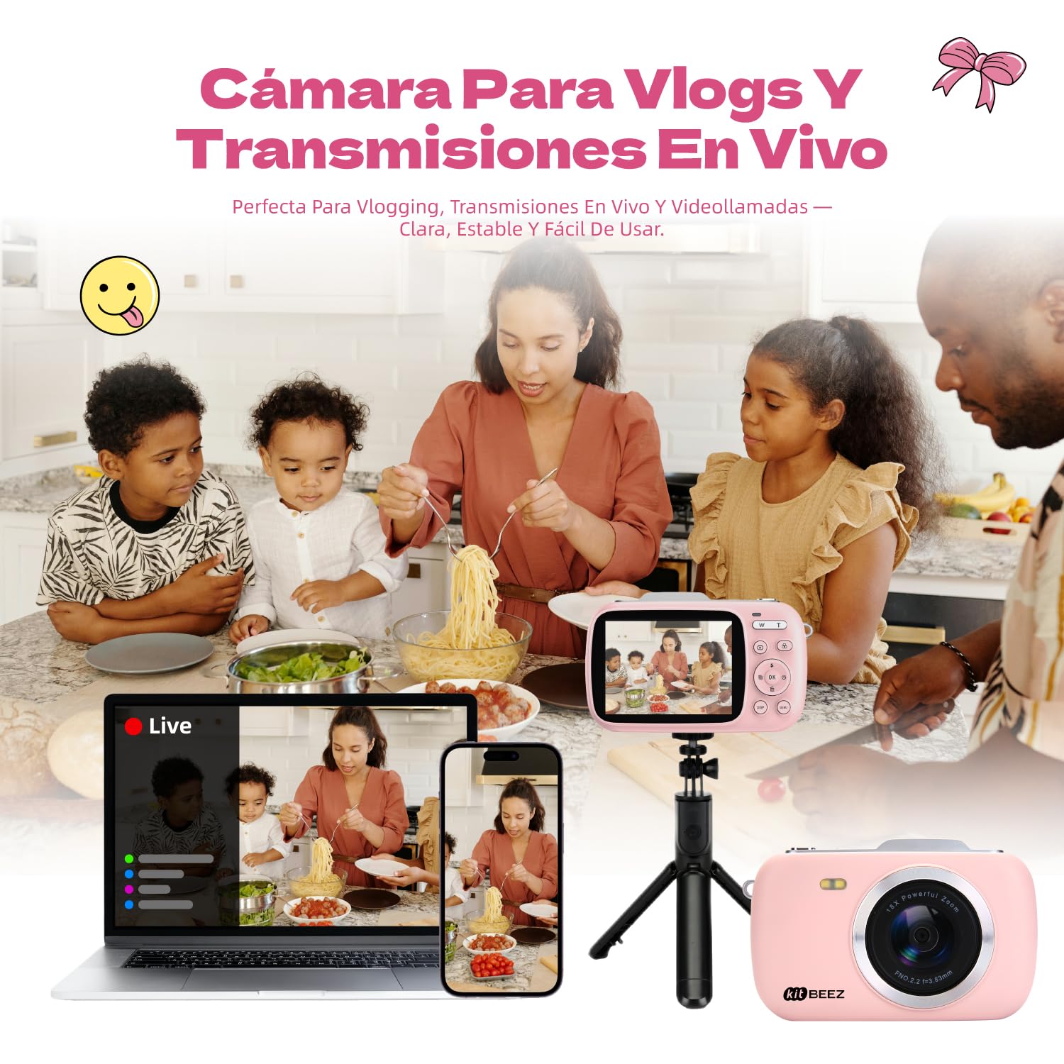 kitBEEZ Cámara Digital 1080P 64MP Vlogging con Tarjeta 32GB, Linda Cámara Digital, Zoom 18X, Anti-Shake y Disparo Continuo, Camara Fotografica Digicam Regalo para Niñas y Niños (Rosa)