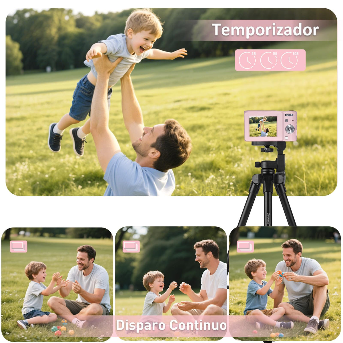 HeiLuon Cámara Digital FHD 1080P 50MP Vlogging con Tarjeta 64GB, Pantalla IPS de 2.4'', Zoom 16X, Anti-Shake y Disparo Continuo, Camara Fotografica Digicam Regalo para Niñas y Niños (Rosa)