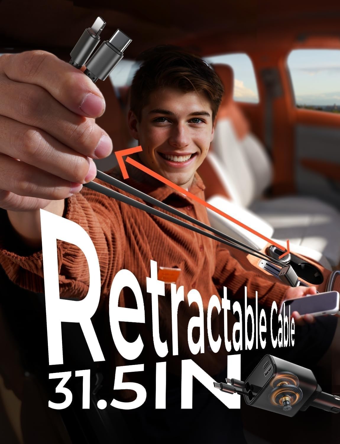 LISEN Cargador para Auto Retráctil [69W USB 4 en 1] Accesorios para Auto iPhone16 Cargador de Car Carga Rapida, Accesorios iPhone, Compatible con iPhone 16/15/14/13/12, Galaxy S25/S24 Ultra, Xiaomi