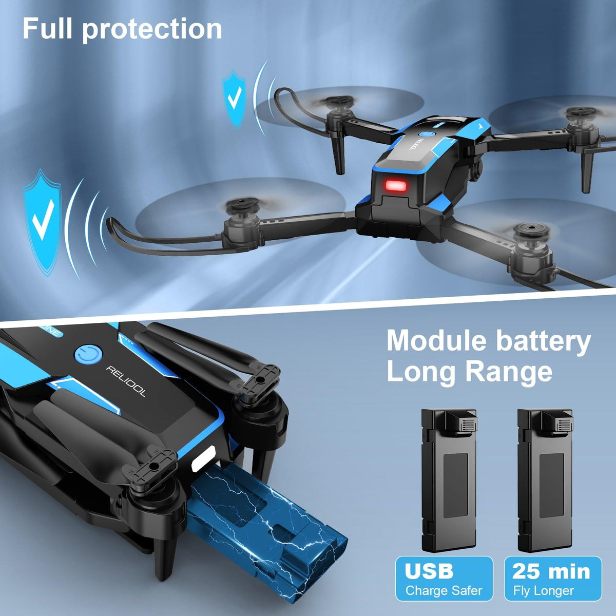 RELIDOL Dron con cámara 1080P - Cuadricóptero de Control Remoto Plegable con Control de Gestos de Voz, Giro 3D, Arranque con una tecla, Parada de Emergencia, 2 baterías, más fácil de Usar, Juguete p