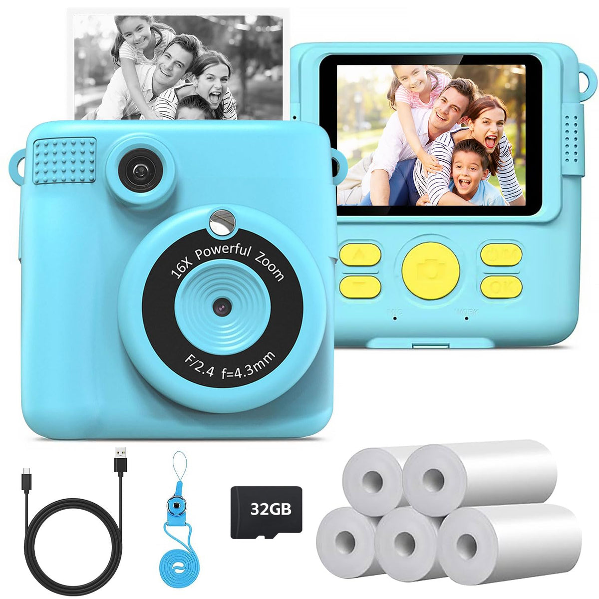 AWCBBT Cámara Instantánea para Niños de 1080P,Camara Fotografica Instanea,Camara Infantiles para Niñas con Tarjeta SD de 32 GB y 5 Vols Papel de Impresión,Cordón de Mano,Cable de Datos USBC(Azul)