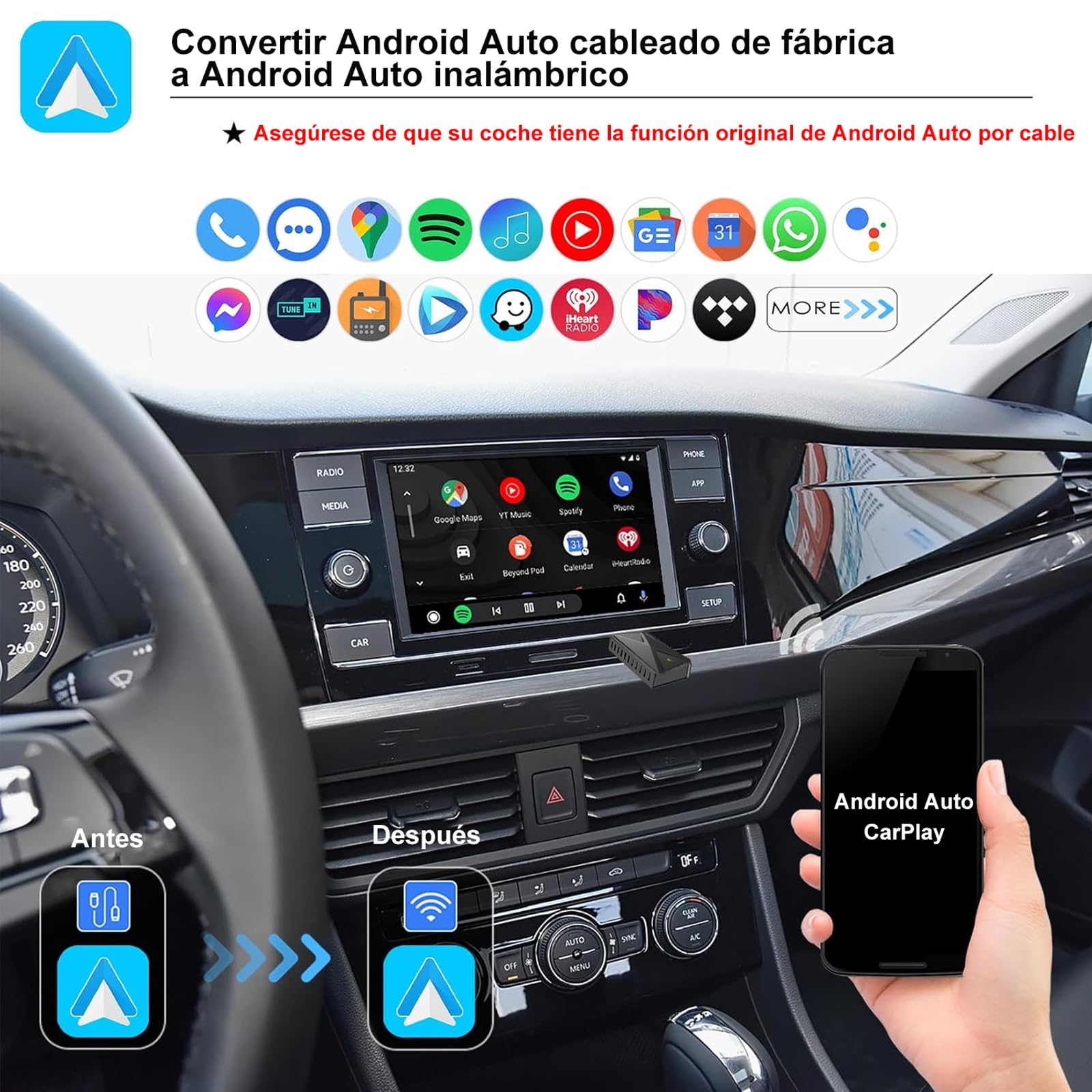 WZZLNDKS Adaptador Inalámbrico CarPlay con 5.8GHz WiFi, Adaptador Android Auto, Convierte CarPlay con Cable a Inalámbrico, Conexión Plug & Play, para iOS 10+, Android 11+, Connect Estable para Auto