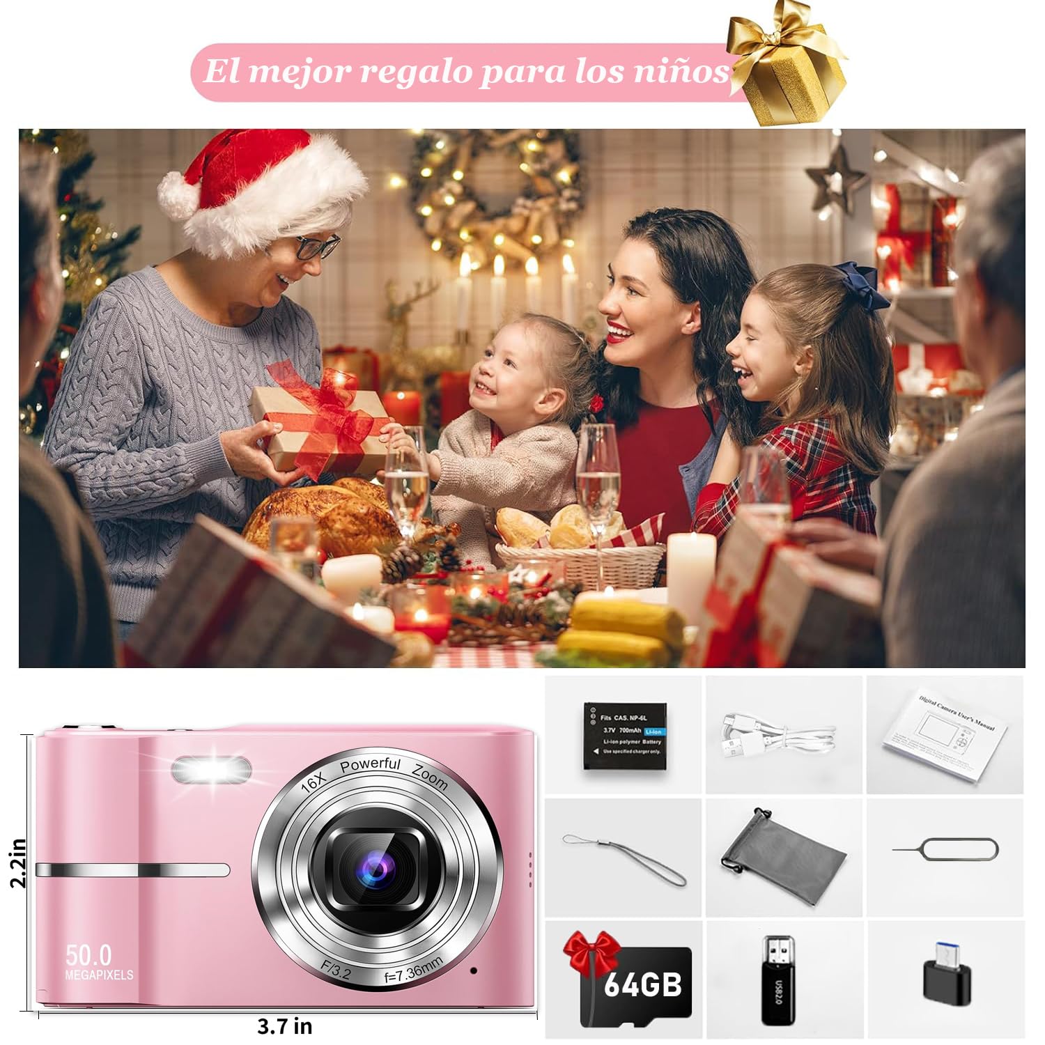 Cámara Digital,Cámara Digital para Niños FHD 1080P 50MP Vlogging con Tarjeta 64GB,Pantalla IPS de 2.4'',Zoom 16X,Anti-Shake y Disparo Continuo Camara Fotografica Digicam Regalo para Niñas (Rosa)