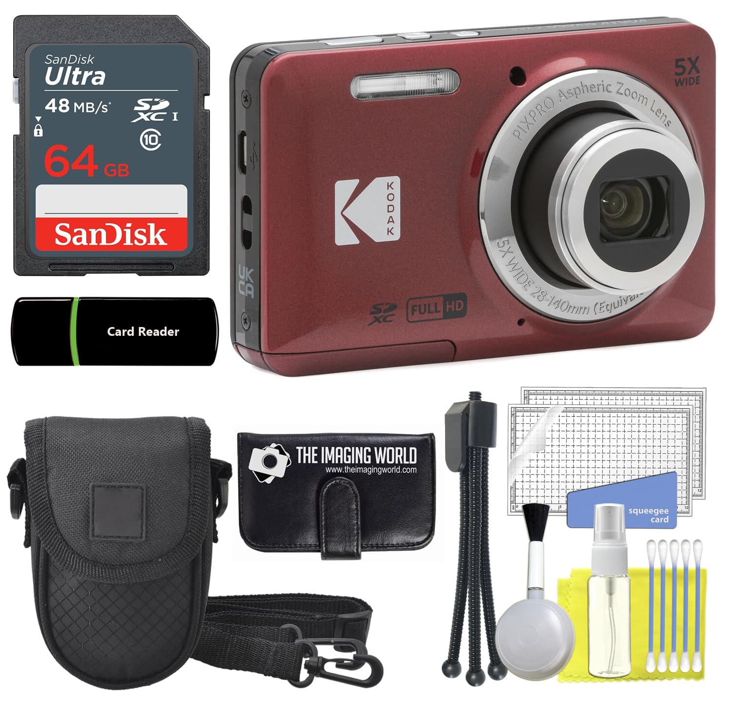 Kodak PIXPRO FZ55 - Cámara digital roja de 16 MP, zoom óptico de 5X, 28 mm, gran angular, 1080P, cámara LCD Full HD de 2,7 pulgadas, tarjeta y lector de 64 GB + funda + portafolios de memoria +