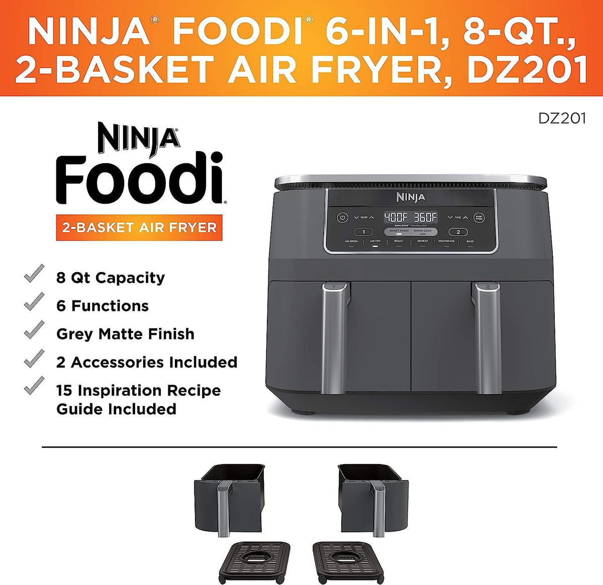 Ninja Freidora de aire DZ201, 6 en 1, 2 cestas con tecnología DualZone, 8 cuartos, acabado inoxidable gris oscuro (Reacondicionado)