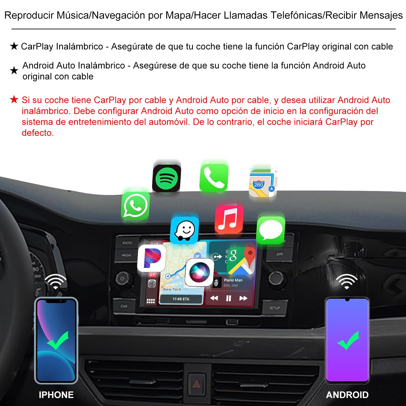 WZZLNDKS Adaptador Inalámbrico CarPlay con 5.8GHz WiFi, Adaptador Android Auto, Convierte CarPlay con Cable a Inalámbrico, Conexión Plug & Play, para iOS 10+, Android 11+, Connect Estable para Auto