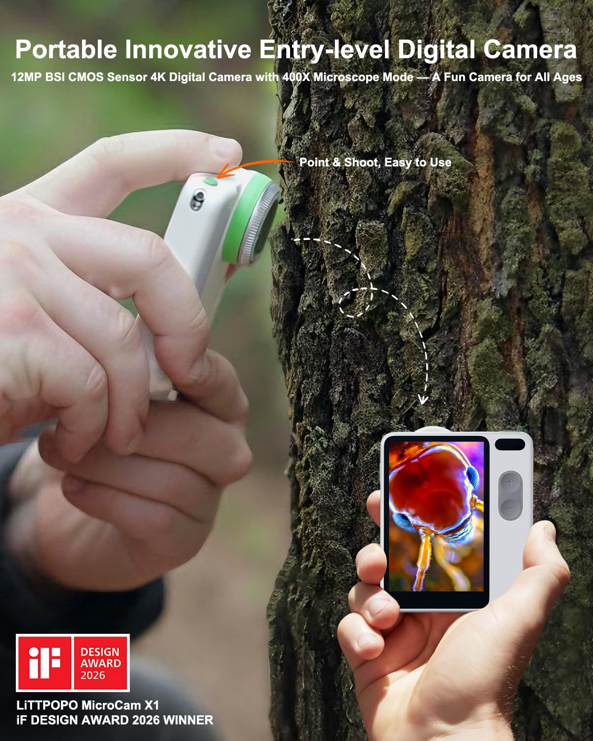 MicroCam-X1 Cámara digital 4K, sensor BSI CMOS de 12 MP, microscopio 400X, video 4K, enfoque automático, LCD de 3.5 pulgadas, cámara compacta para niños para aprendizaje STEM | apuntar y disparar