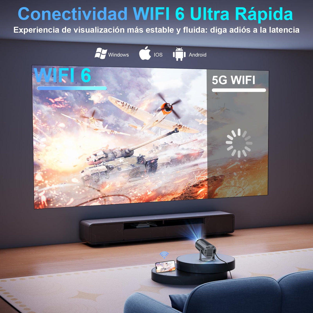 Proyector 4k, Mini Proyector Portatil con Android, Proyectores Inteligente 200 ANSI con WiFi 6 y BT 5.4, Auto Keystone, Pantalla de 200", Giro de 270°, Compatible con HDMI/iOS/Phone/PC/PS【HY300 PRO】