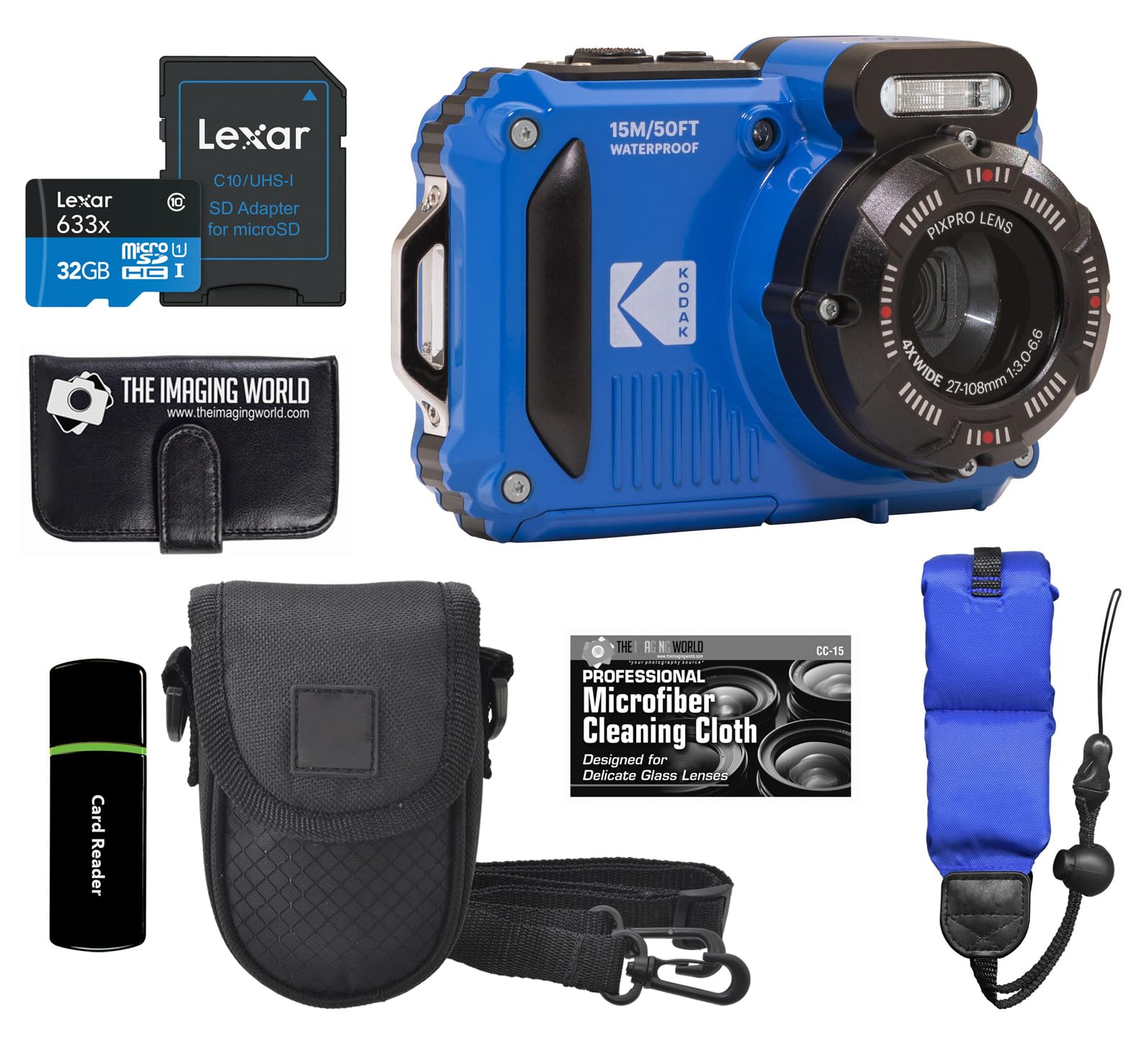 KODAK PIXPRO WPZ2 Cámara digital WiFi resistente al agua, a prueba de golpes, a prueba de polvo, 16 MP, 4 x zoom óptico 1080P, Full HD, cámara de video vlogging LCD de 2.7 pulgadas (azul) + tarjeta de