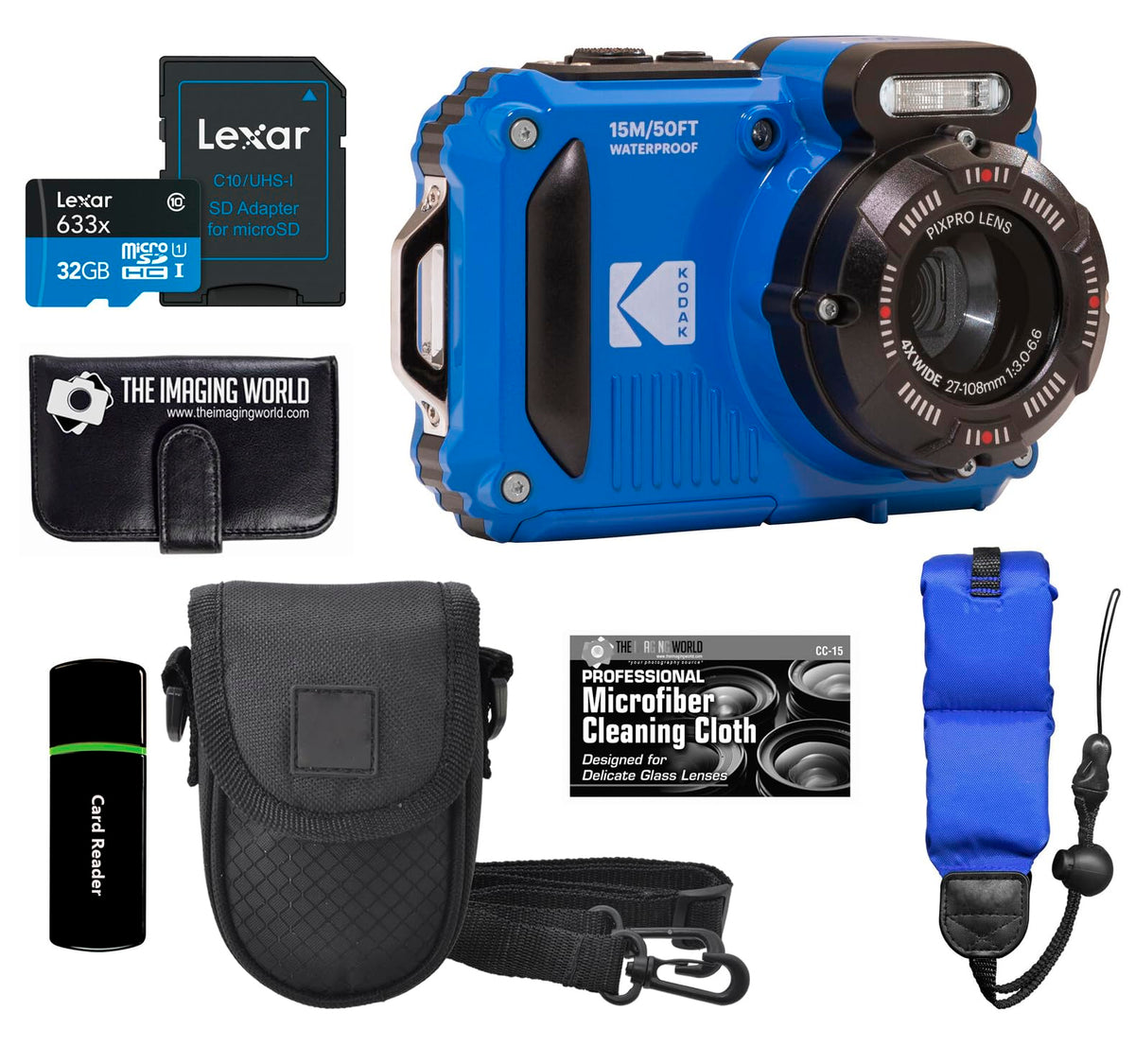 KODAK PIXPRO WPZ2 Cámara digital WiFi resistente al agua, a prueba de golpes, a prueba de polvo, 16 MP, 4 x zoom óptico 1080P, Full HD, cámara de video vlogging LCD de 2.7 pulgadas (azul) + tarjeta de