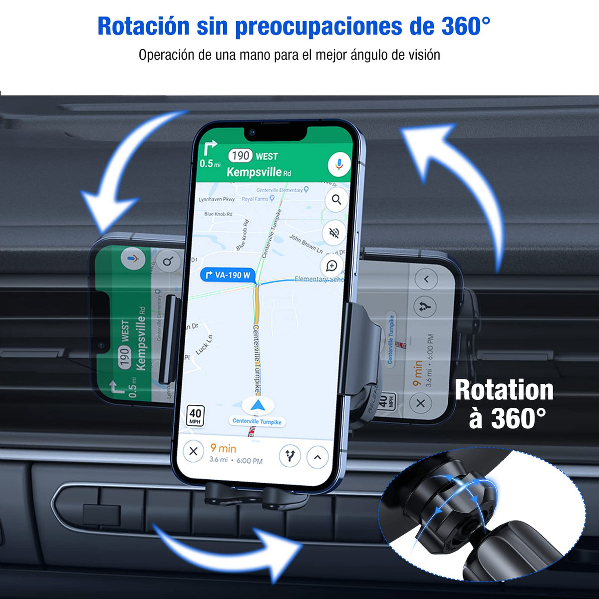 Miracase 2025 Generación Soporte Celular Automóvil, Base Porta Celular Auto Ventilación, Rotación 360º con Gancho Metálico y Botón Liberación con iPhone 15 14 13 Pro MAX, Galaxy S23 Ultra, Xiaomi