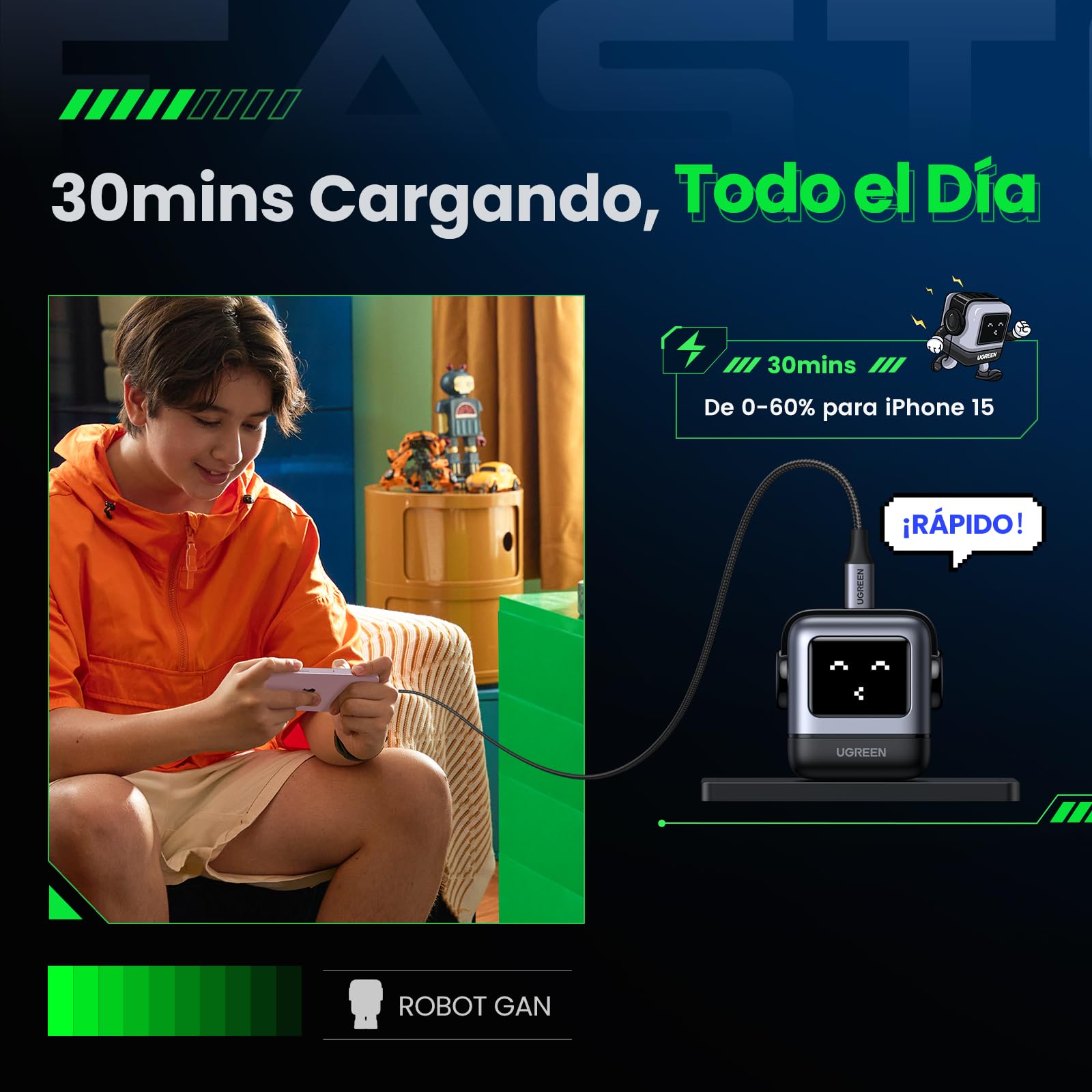 UGREEN Uno 30 W Cargador Tipo C Carga Raida,Nexode GaNRobot USB C Pantalla de Inteligente, Compatible con iPhone 16/15/14/13, Galaxy S24/S23/S22, Pixel 7/8, MacBook Air, iPad Pro,Negro