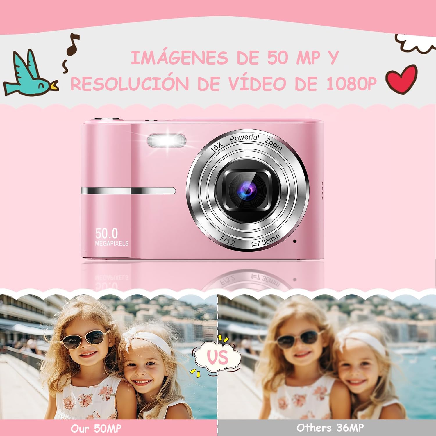 Cámara Digital,Cámara Digital para Niños FHD 1080P 50MP Vlogging con Tarjeta 64GB,Pantalla IPS de 2.4'',Zoom 16X,Anti-Shake y Disparo Continuo Camara Fotografica Digicam Regalo para Niñas (Rosa)