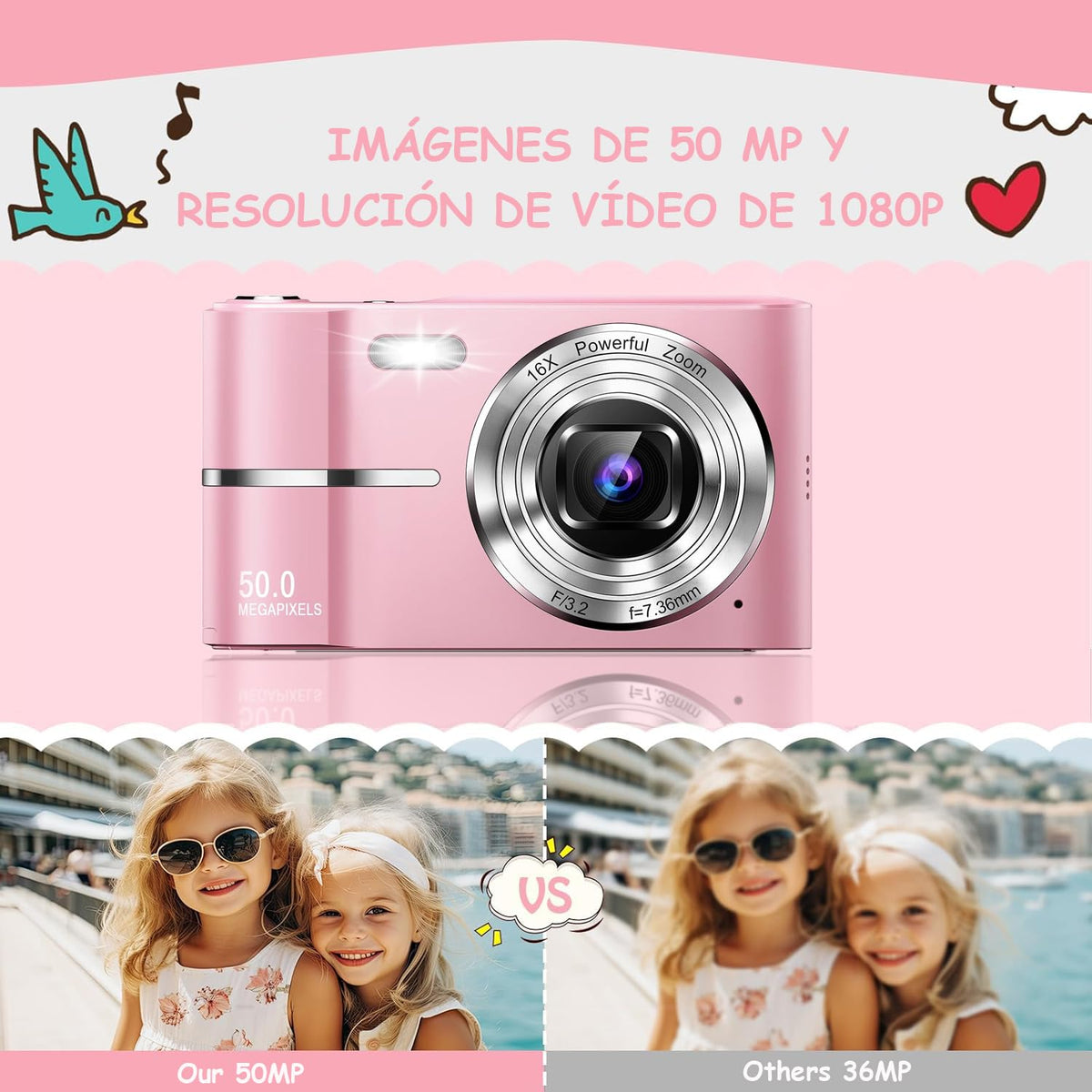 Cámara Digital,Cámara Digital para Niños FHD 1080P 50MP Vlogging con Tarjeta 64GB,Pantalla IPS de 2.4'',Zoom 16X,Anti-Shake y Disparo Continuo Camara Fotografica Digicam Regalo para Niñas (Rosa)