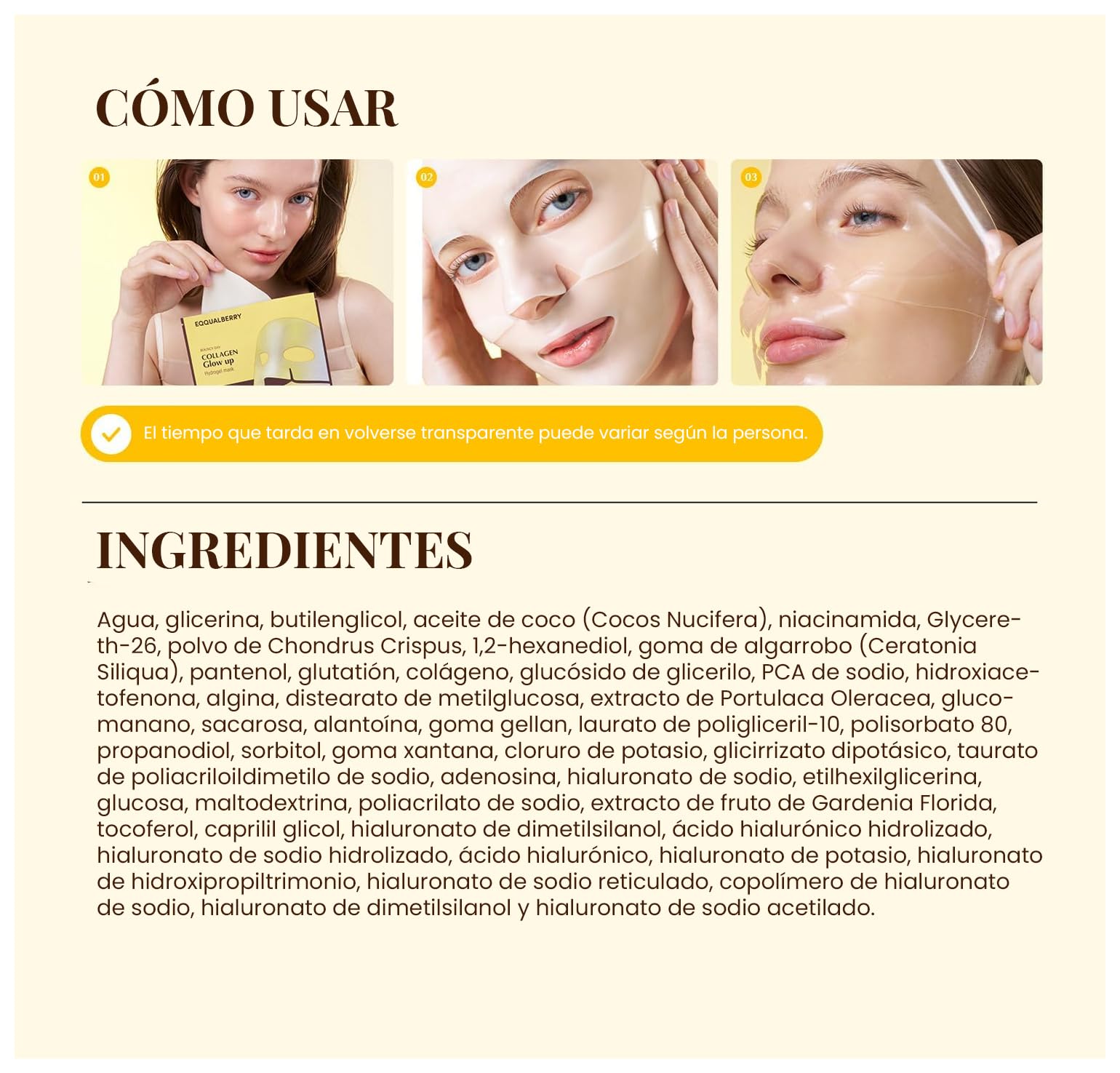 EQQUALBERRY Mascarilla Facial Coreana Hidratante con Colágeno y Niacinamida - Collagen Mask Iluminadora - Mascarillas Faciales Coreanas para Brillo Facial