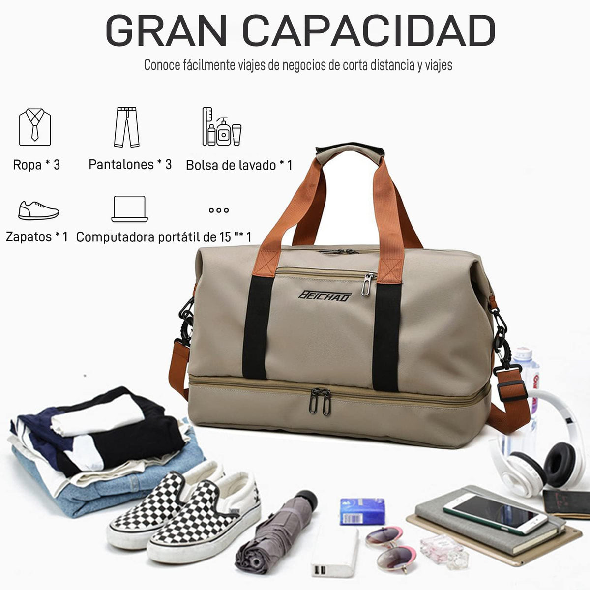 JeeLeeko Maleta Deportiva Bolsa para gym Diseño de Separación Húmedo y Seco Bolsa de viaje con ompartimento para Zapatos, para Hombres y Mujeres moda impermeable(Caqui)