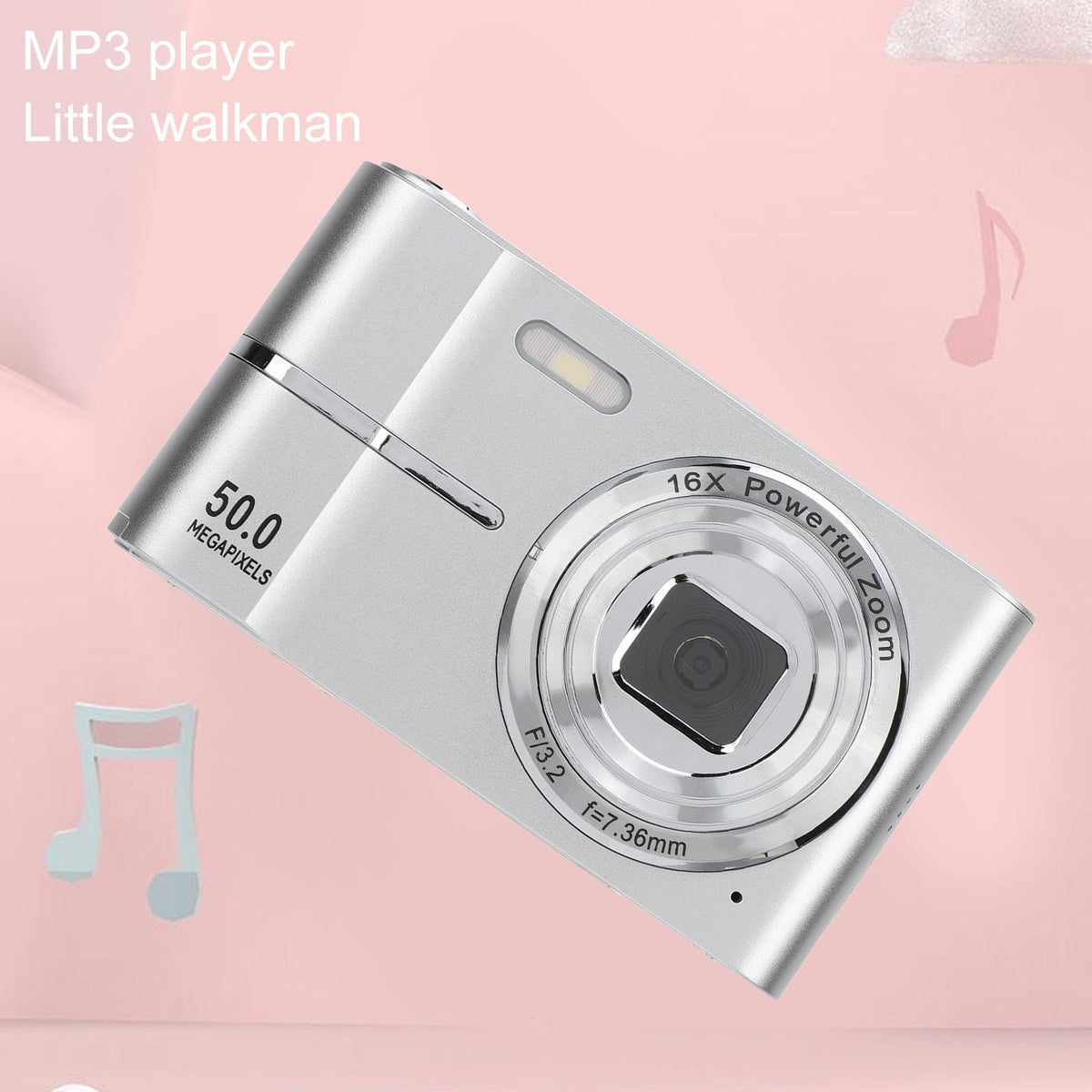 ASHATA Cámara Digital, Cámara de Vlogging FHD 1080P con Enfoque Automático, Cámara Digital con Zoom Digital de 50MP 16X, Cámara Compacta Portátil AF Pantalla de 2,4 Pulgadas para (Silver)