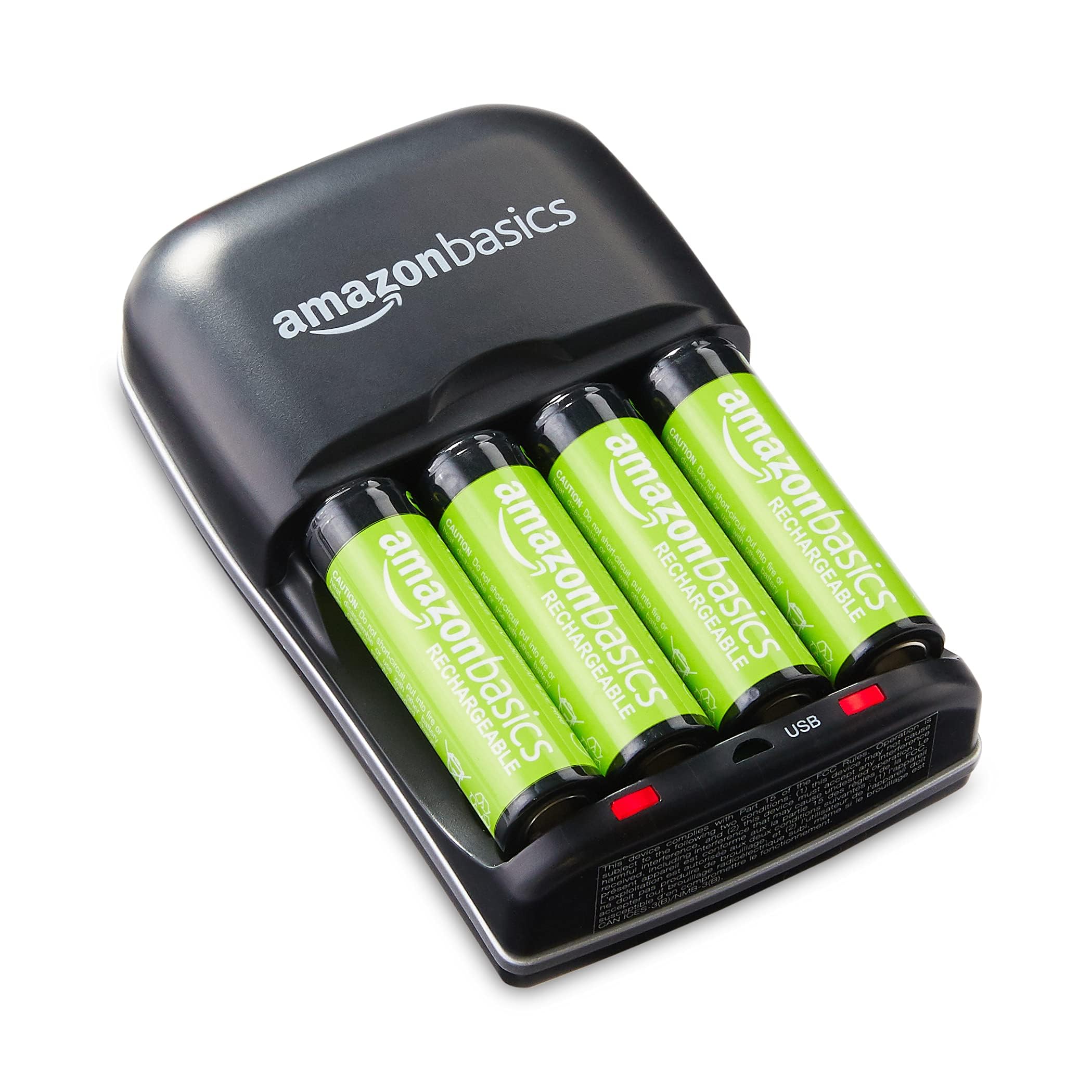 Amazon Basics - Cargador de batería recargable para pilas AA y AAA de hidruro de níquel-metal (NiMH) con puerto de carga USB, color negro