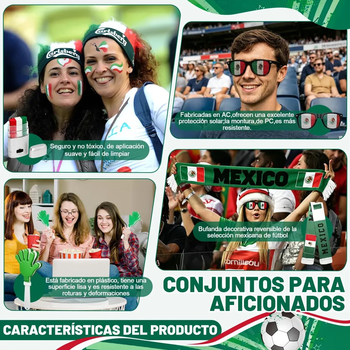 Cyxenova Kit de Animador México 6 en 1 - Incluye Bandera (95 * 64 cm), Bufanda, Matraca Ruidosa, Pintura Facial, Lentes y Pulsera - Accesorios de Fútbol para Celebración 2026 - Orgullo Mexicano