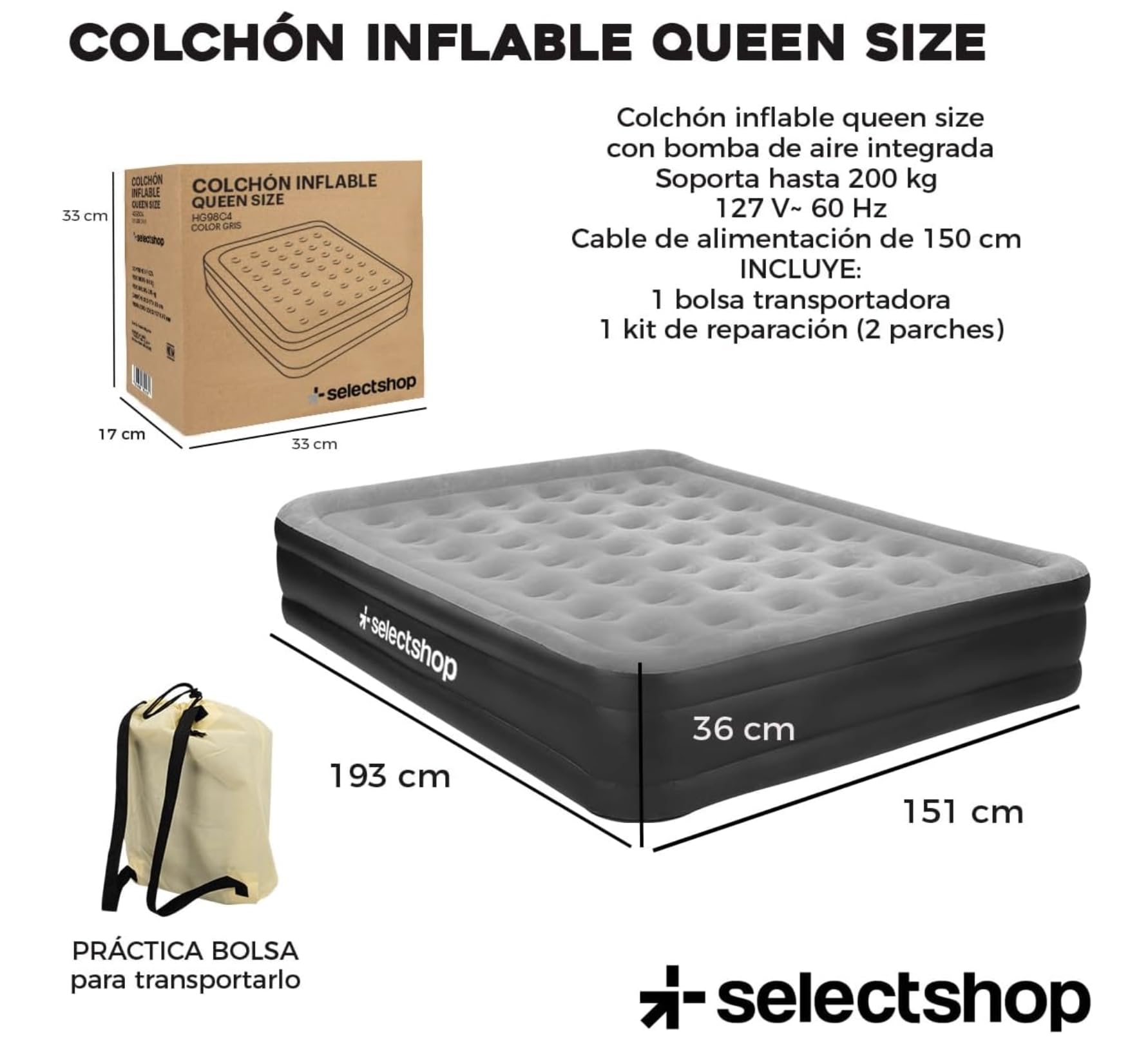 SELECTSHOP Colchón Inflable Queen Size con Bomba Incluida Cama Inflable para Camping Cama De Aire Elevada con Bomba Incluida Colchón Queen Size Inflable Duradero Resistente (Gris)