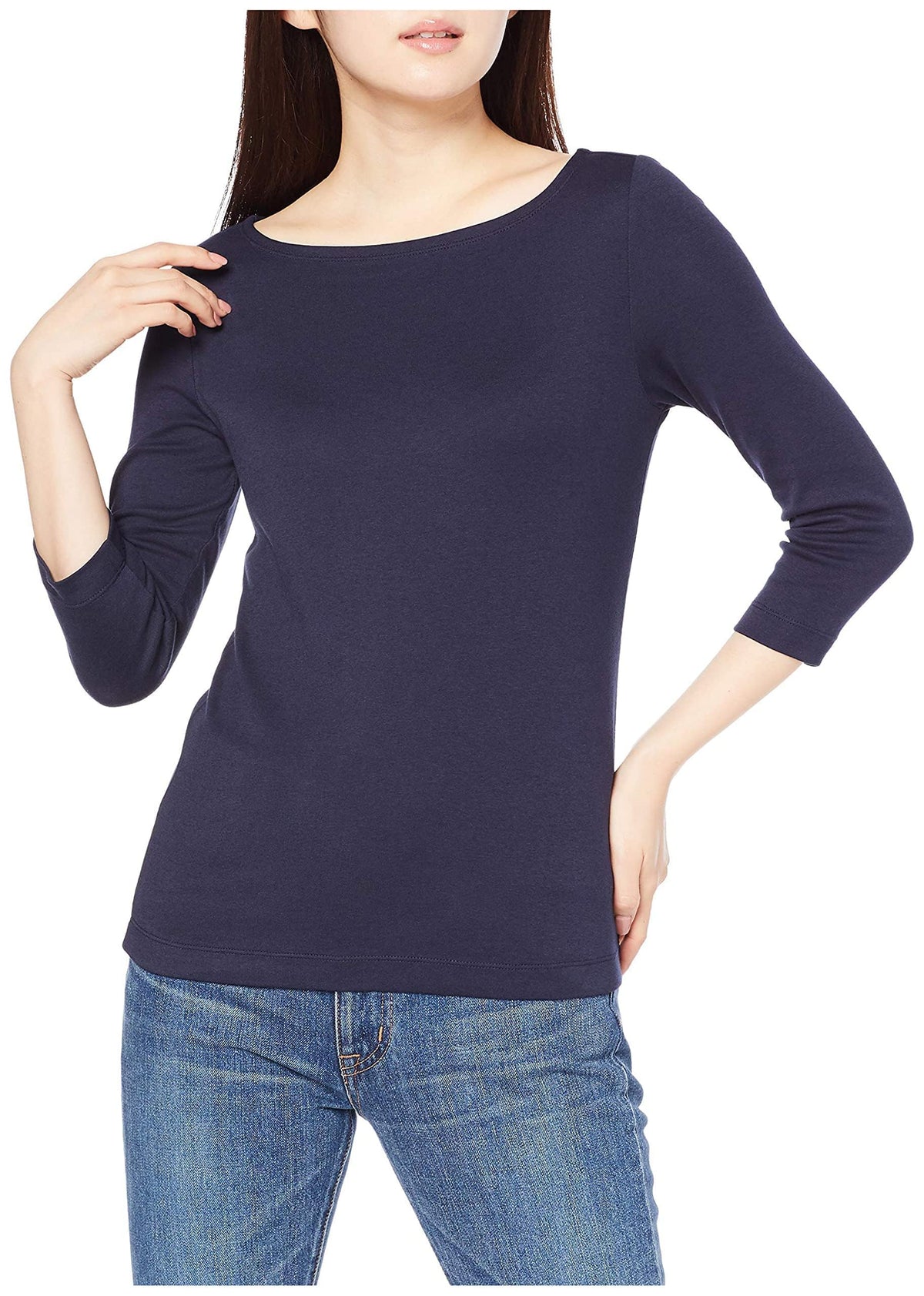 Amazon Essentials - Camiseta de manga 3/4 ajustada con cuello barco sólido para mujer, color azul marino, talla G