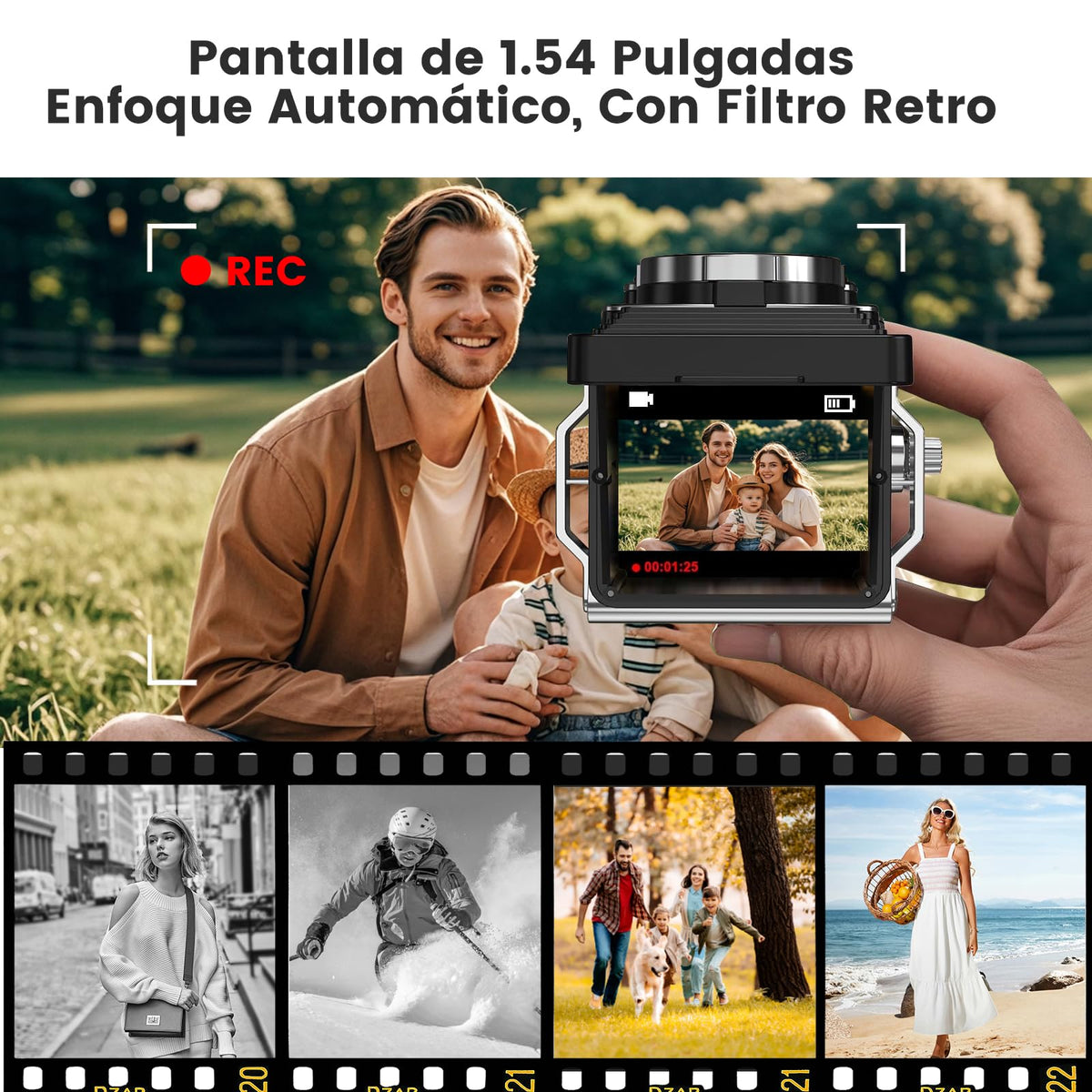 KOZFULE Camara Digital Retro, Camara Fotografica Portátil, Cámara Réflex de Doble Lente con Memoria de 16 GB, Cámara para Viajes, Fotografía, Regalos de Cumpleaños(Gris)