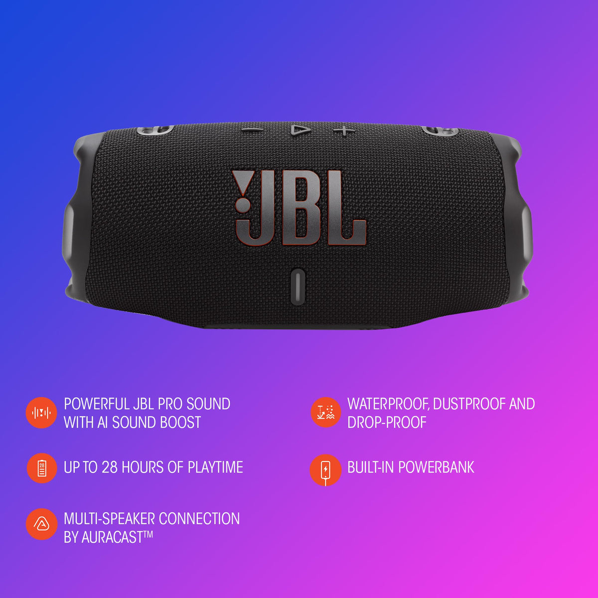 JBL Charge 6 Bocina Portátil Bluetooth, Batería Integrada, IP67 función de Carga USB - Negro