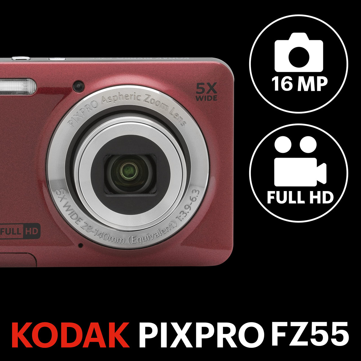 KODAK PIXPRO FZ55-RD Cámara Digital de 16 MP, Zoom óptico de 5 x 28 mm, Gran Angular, 1080P, Full HD, Video, cámara de vlogging LCD de 2,7 Pulgadas (Rojo) El Embalaje Puede Variar