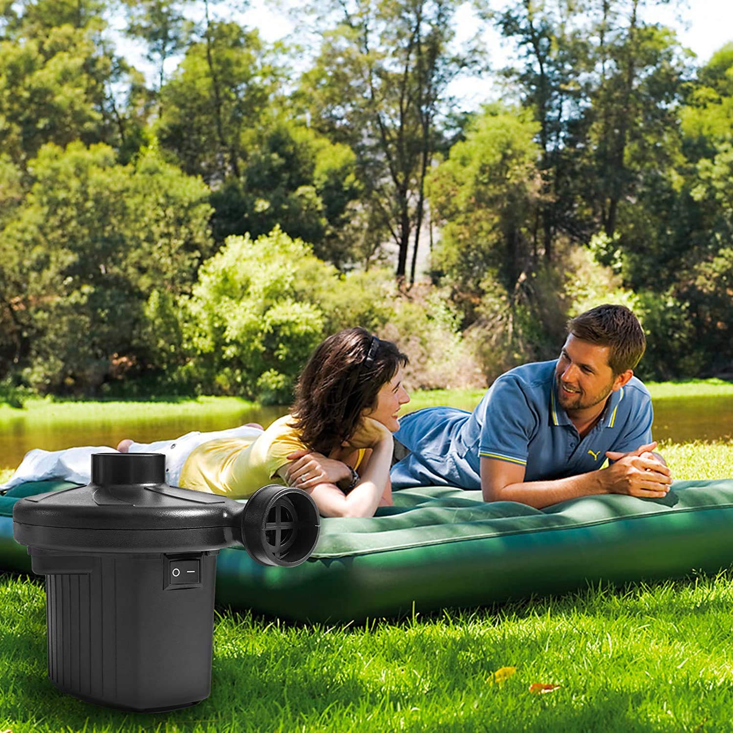 TBONEEY Bomba de Aire Eléctrico, Inflador Eléctrica Incluyendo 3 en 1 Deflación Automática y Bombeo Rápido adaptadores de Boquilla para Bolsas al Vacío, Colchón Hinchable, Juguetes Hinchable