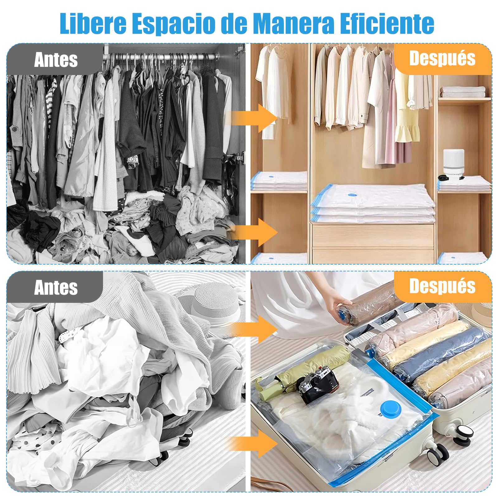 8 PCS Bolsas al Vacio Ropa,con Bomba Eléctrica,Gran Capacidad,Reutilizables,Viajepara Guardar Ropa,Bolsas de Compresión para Viaje,Almohadas,Edredones(PE+PA）