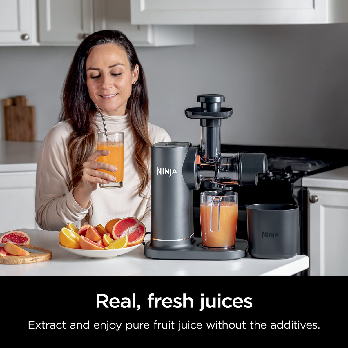 Ninja, Extractor de Jugos Prensado en Frio, Tecnologia Neverclog y Antigoteo, 2 Filtros, 2 Programas, Jarra y Contenedor de Pulpa (Reacondicionado)