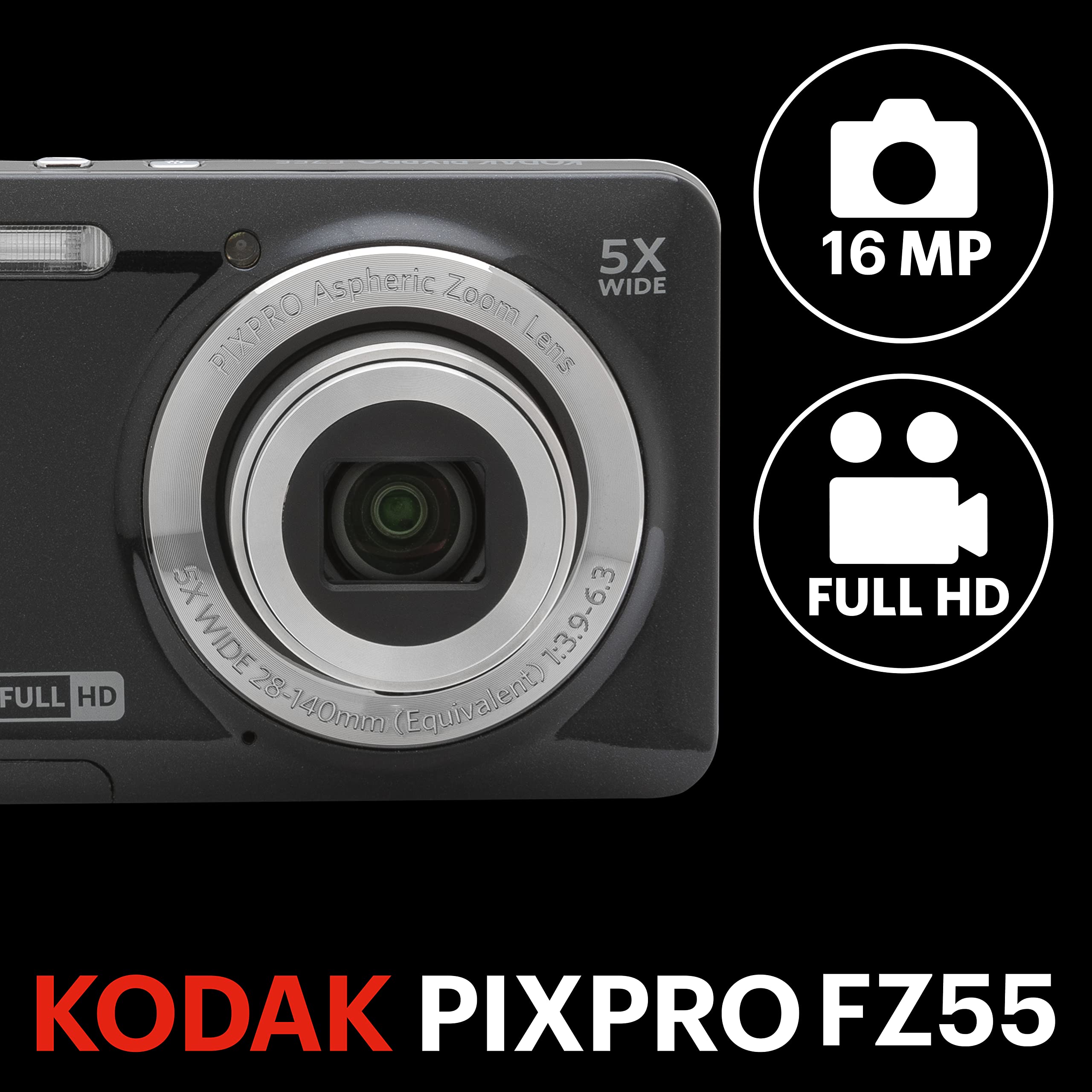 KODAK PIXPRO FZ55-BK Cámara Digital de 16 MP, Zoom óptico de 5 x 28 mm, Gran Angular, 1080P, Full HD, Video, cámara de vlogging LCD de 2.7 Pulgadas, Color Negro