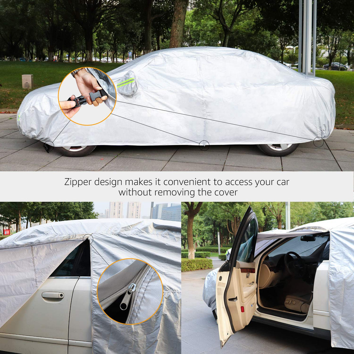 Amazon Basics Funda de Coche Plateada Resistente Intemperie Oxford 150D para Sedanes hasta 508 cm DS-CC10