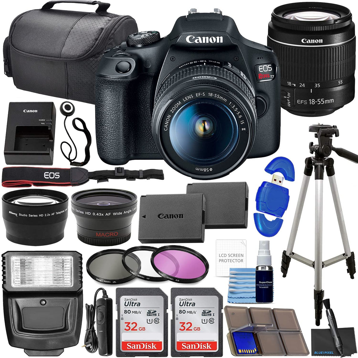 Canon EOS Rebel T7 - Cámara réflex digital con Canon EF-S 18-55 mm f/3.5-5.6 is II Lens + 2 tarjetas de memoria de 32 GB + filtros + kit de accesorios preferidos