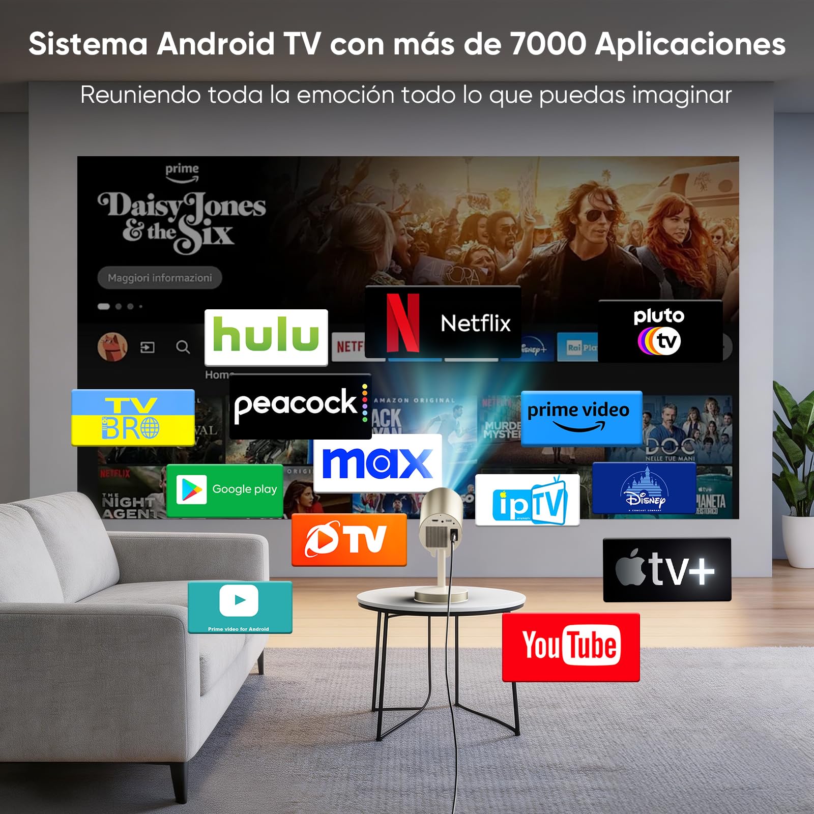 Proyector Portátil 4K 300ANSI Apps Retráctil Enfoque Eléctrico Ajuste 90°
