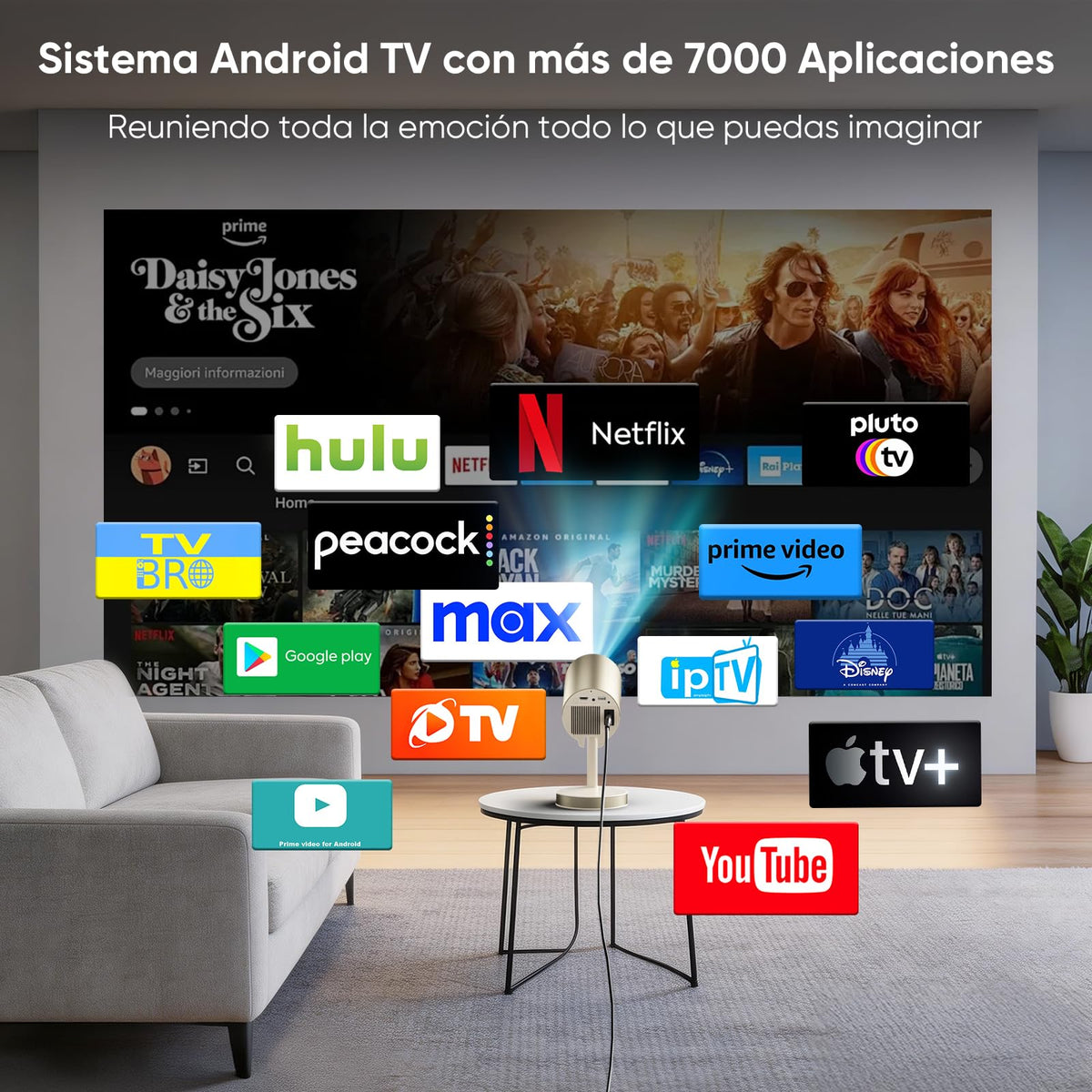 Proyector Portátil 4K 300ANSI Apps Retráctil Enfoque Eléctrico Ajuste 90°