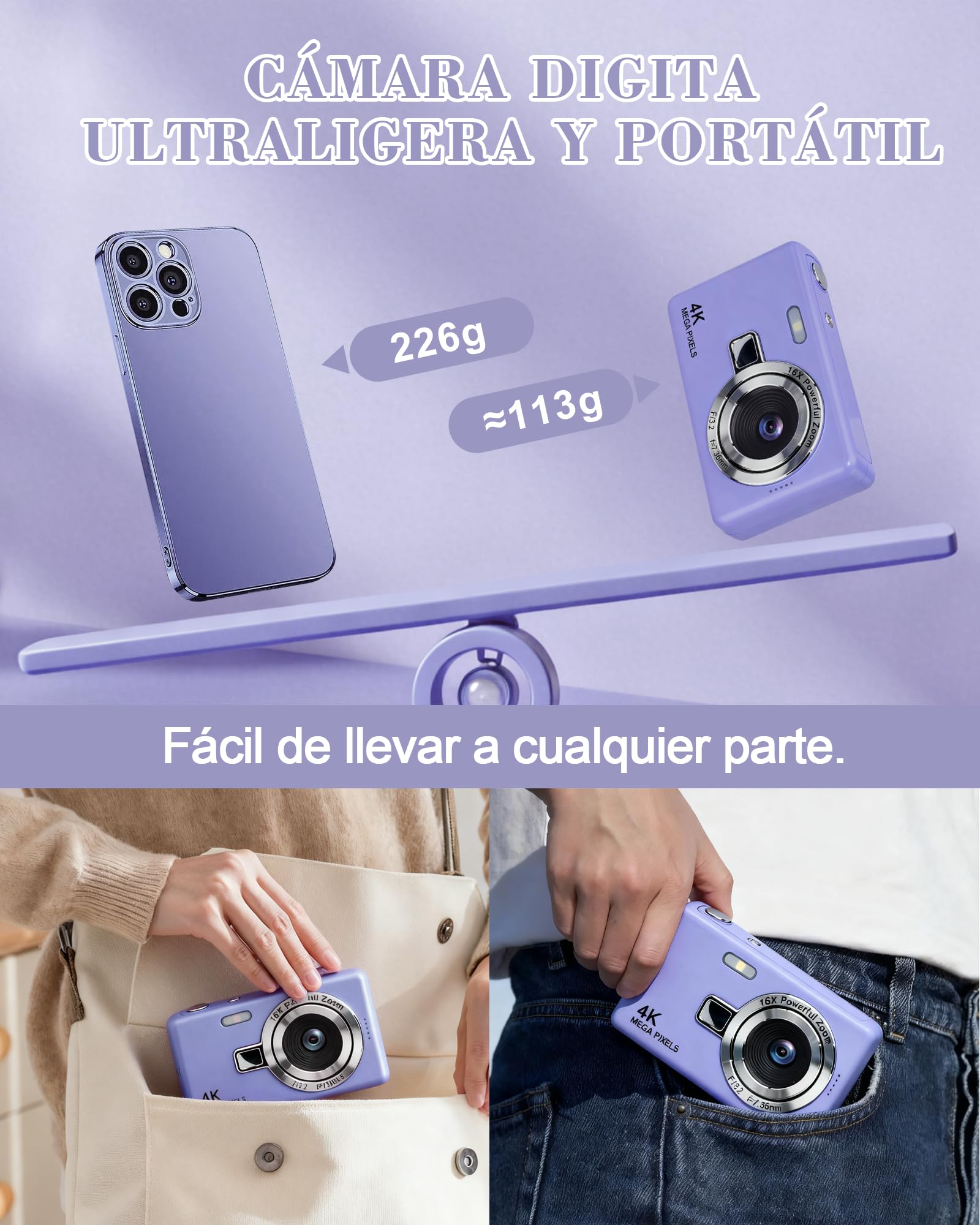 HeiLuon Camara Digital FHD 1080P Vlogging con Zoom 16X, Pantalla IPS de 2.4", Trípode, Tarjeta 32GB y Lector, Anti-Shake, Autoenfoque, Camara Fotografica para Niños y Adolescentes (Color Púrpura)