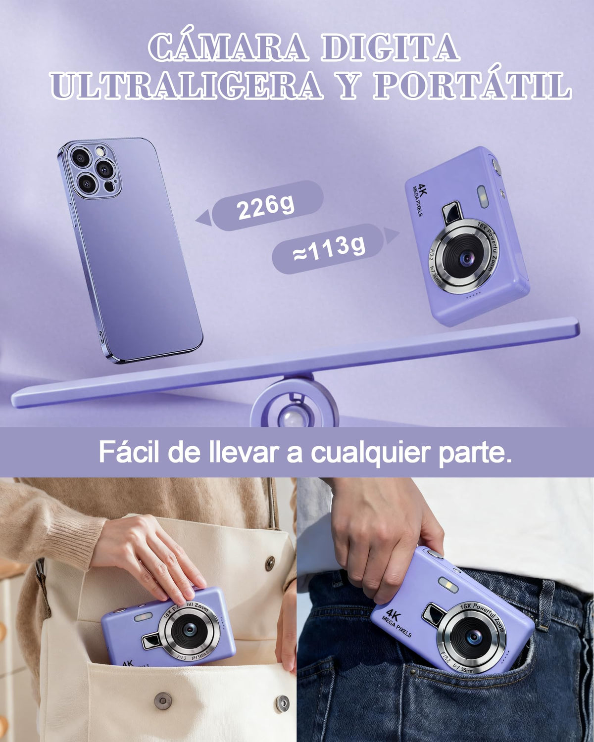 HeiLuon Camara Digital FHD 1080P Vlogging con Zoom 16X, Pantalla IPS de 2.4", Trípode, Tarjeta 32GB y Lector, Anti-Shake, Autoenfoque, Camara Fotografica para Niños y Adolescentes (Color Púrpura)