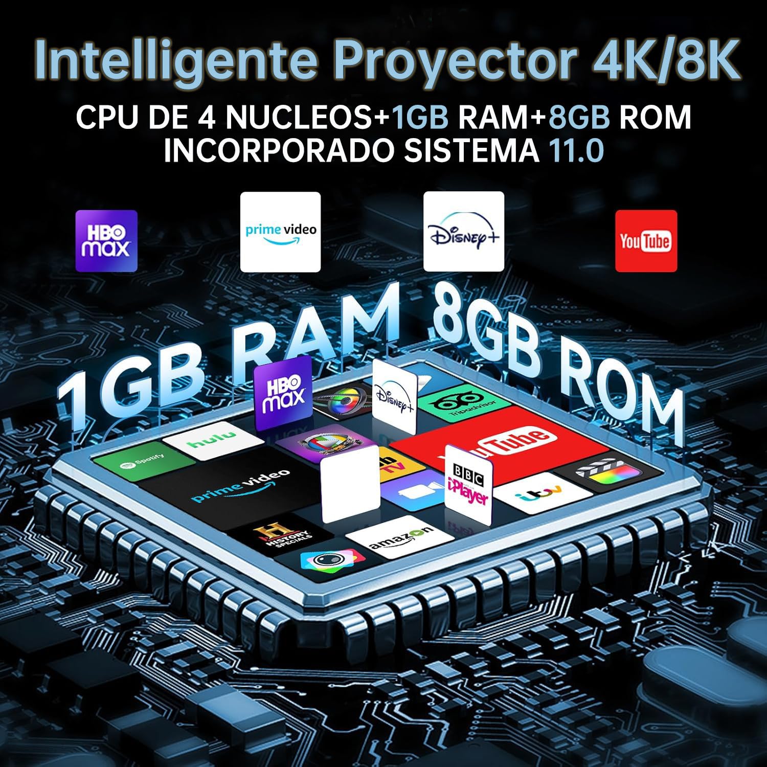AOC Proyector portátil WiFi y Bluetooth, 4K Full HD, rotación de 180°, 8000 lúmenes, 220 ANSI, corrección Trapezoidal, para portátiles