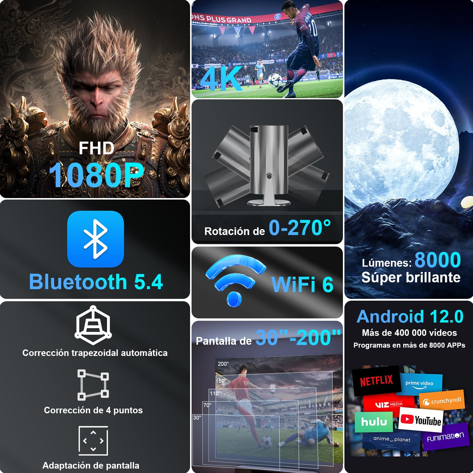 Proyector 4k, Mini Proyector Portatil con Android, Proyectores Inteligente 200 ANSI con WiFi 6 y BT 5.4, Auto Keystone, Pantalla de 200", Giro de 270°, Compatible con HDMI/iOS/Phone/PC/PS【HY300 PRO】