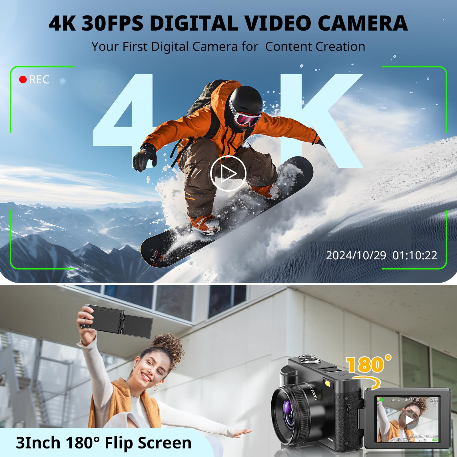 Cámara digital 4K para enfoque automático de fotografía, 2024 última cámara de vlogging de 48 MP para YouTube con tarjeta SD, 2 baterías, 3 pulgadas y 180 ° cámara de viaje compacta para adolescentes