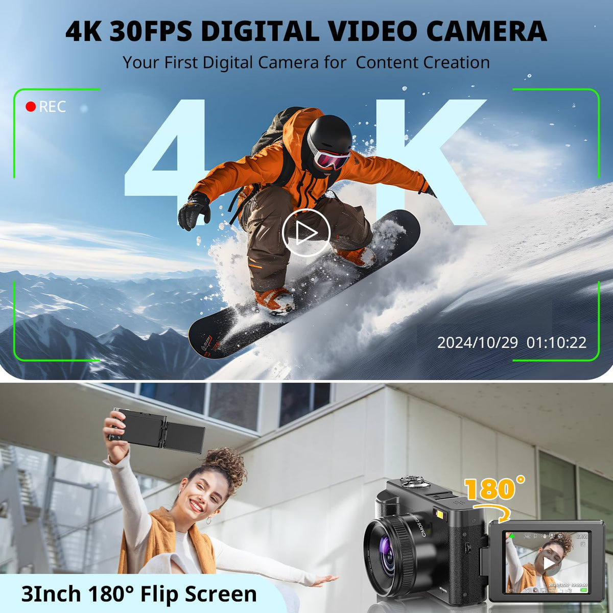 Cámara digital 4K para enfoque automático de fotografía, 2024 última cámara de vlogging de 48 MP para YouTube con tarjeta SD, 2 baterías, 3 pulgadas y 180 ° cámara de viaje compacta para adolescentes
