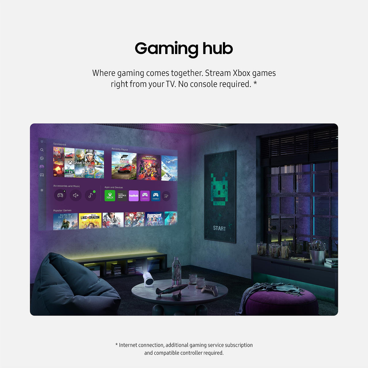 Samsung 30" - 100" The Freestyle 2nd Gen con Gaming Hub Proyector portátil Inteligente, FHD, HDR, Experiencia de Cine en casa con visualización Grande, Sonido 360, Modelo SP-LFF3CLAXXZA, Modelo 2023