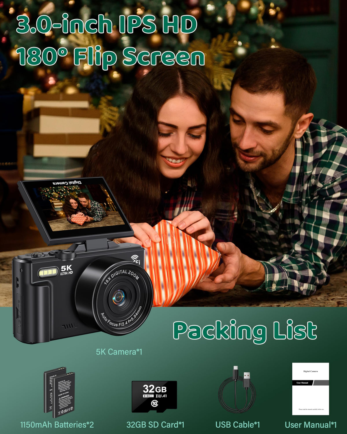 Cámara Digital 5K para fotografía – WiFi 75MP cámaras de vlogging para Youtube – Cámara de Video UHD de Enfoque automático 3 Pulgadas 180° con Zoom 18X – Cámara compacta de Viaje Vlog con Tarjeta SD