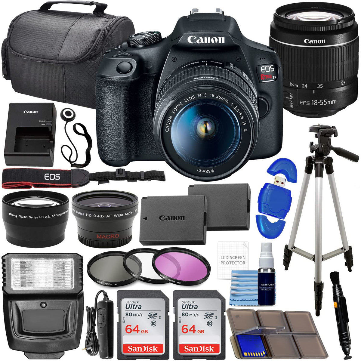 Canon EOS Rebel T7 Cámara DSLR con EF-S 18-55 mm f/3.5-5.6 is II Lens Bundle con 2 tarjetas de memoria SanDisk de 64 GB + lente gran angular + lente de teleobjetivo + kit Pro (reacondicionado)