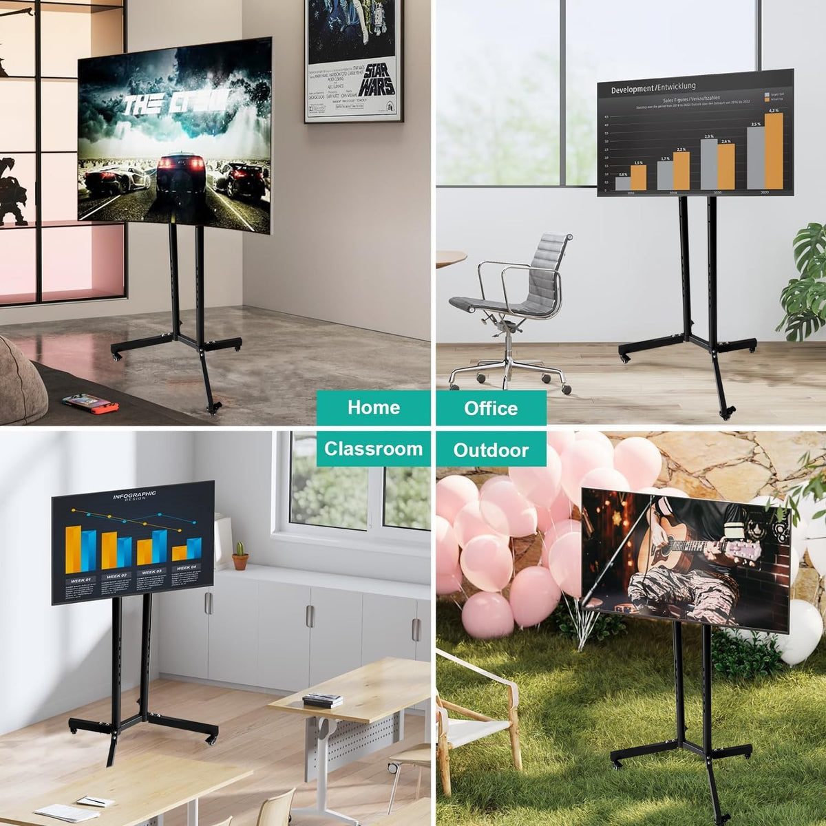 TBONEEY Soporte TV Ruedas para Television de 26 a 75 Pulgadas Ajustable en Altura, Soporte Móvil de Suelo Pie para Pantallas LCD LED, con VESA Máx. 600x400mm, hasta 70kg (Negro)