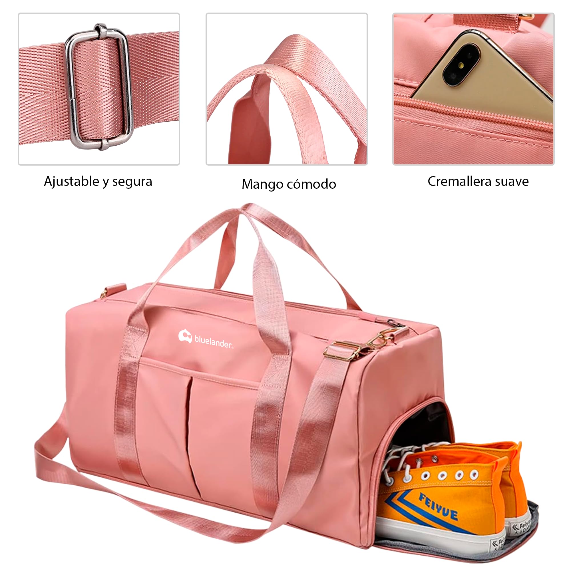 Bluelander Maleta Deportiva de Mano para Gimnasio, Compartimento para Zapatos, Bolso de Viaje, Bolsillo Impermeable, Resistente, Correa Ajustable Perfecta Gimnasio, Natación y Viaje (Rosa Pastel)