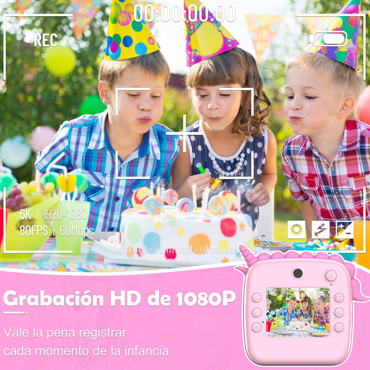 HDMSYD Camara Fotos Infantil Instantanea, Cámara Infantil de impresión instantánea HD 1080P,Pantalla Ocular de 2.4 Pulgadas,con Tarjeta 32G y 2 Rollos de Papel térmico,El Mejor Regalo para niños.