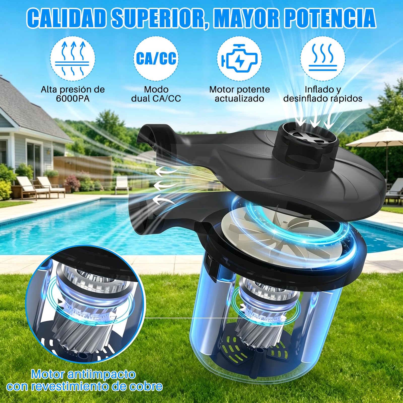 AXIDUN Bomba de Aire Eléctrica, Bomba de Aire Portátil de Llenado Rápido con 3 Boquillas, para Bolsas al Vacío, Colchón Hinchable, Juguetes Hinchable, Viaje a Familia,Camping